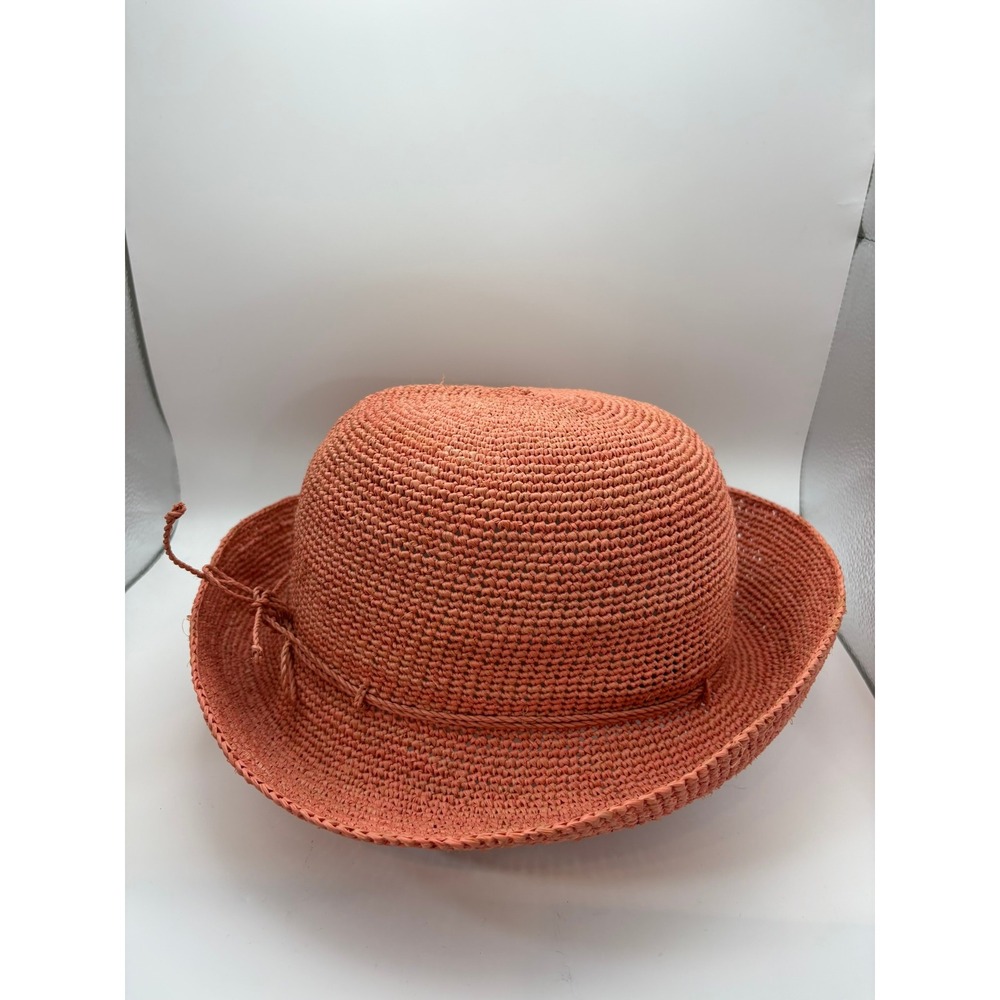 Helen Kaminski Raffia Crochet Sun Hat Coral Pink Wide Brim Made USA Adjustable - Picture 3 of 11